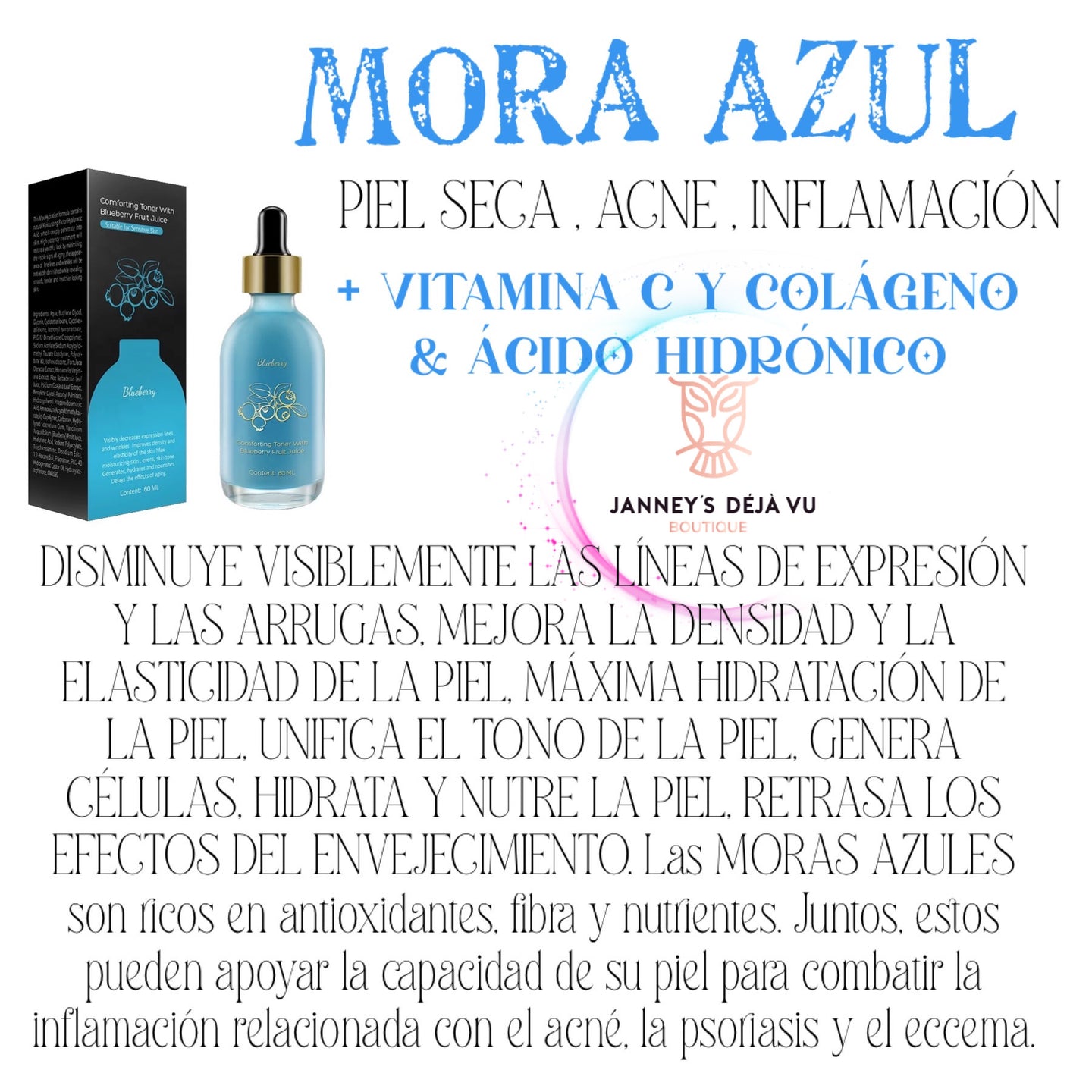 SERUM BLUE BERRY FOR DRY SKIN, AGNE, INFLAMMATION + WITCH HAZEL , VITAMIN C , COLLAGEN , HYDRONIC ACID