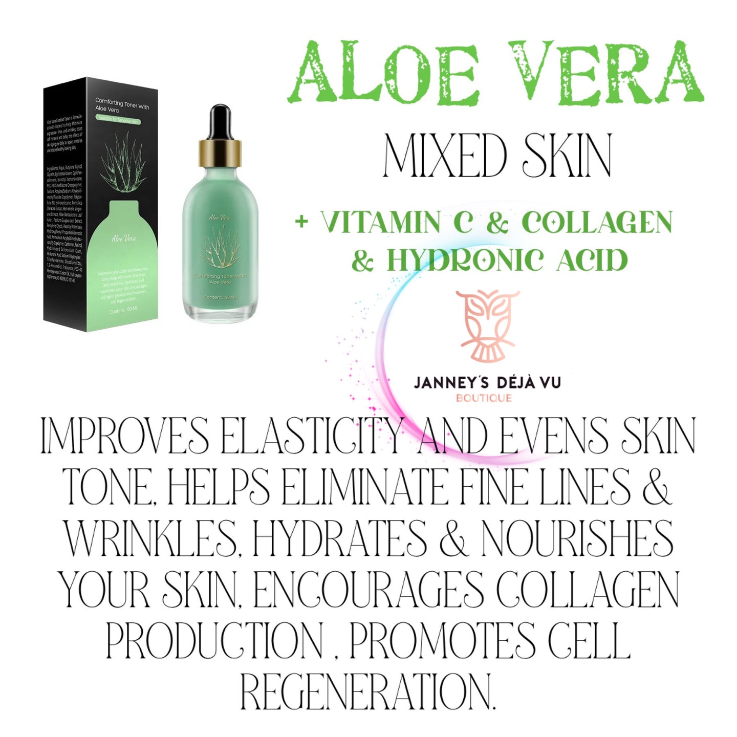 ALOE VERA MIXTED SKIN + WITCH HAZEL ,VITAMIN C , COLLAGEN , HYDRONIC ACID